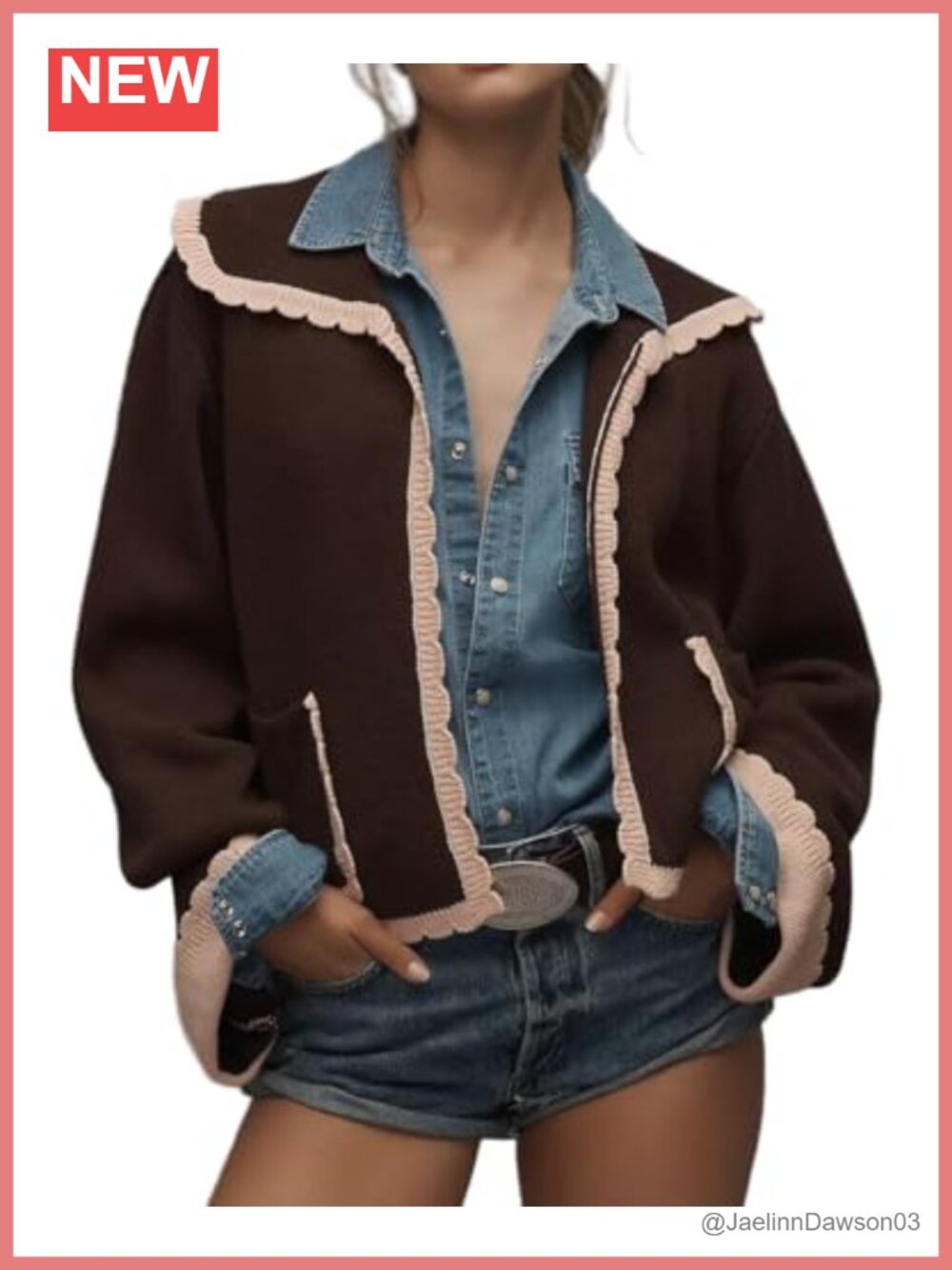 Scalloped Contrast Trim Knit Jacket Cropped Collared Retro Coat